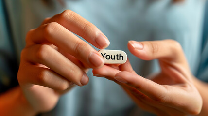This person holds a pill labeled 'Youth,' symbolizing progress in genetic therapies.