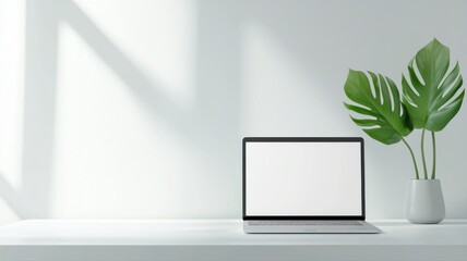 Fototapeta premium Modern workspace with a laptop and a decorative plant on a clean desk, ideal for remote work or home office.