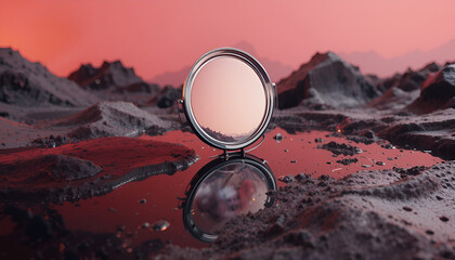 round mirror with pink shade and reflection under mountains