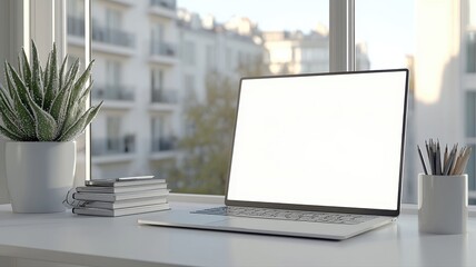 Fototapeta premium Modern workspace with a laptop, plant, and notebooks, creating a productive and serene environment.