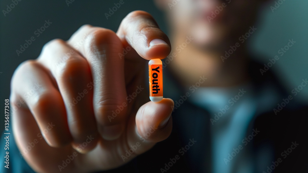 Poster this person holds a capsule labeled 'youth', symbolizing genetic modifications for extended youth.