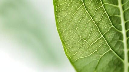Close-up a vibrant green leaf showcasing its intricate vein network against a soft, blurred background.