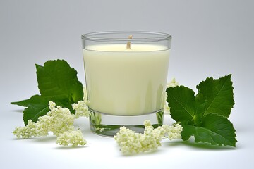 Scented candle with leaves and flowers