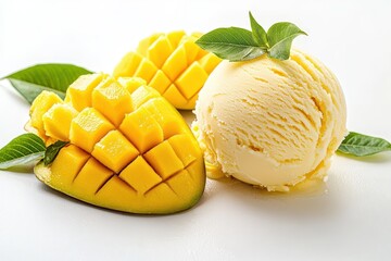 Fresh and Creamy Mango Ice Cream with Ripe Sliced Mango on White Background