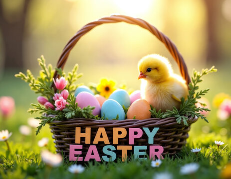 AI generation of small cute chick in the basket with decorated eggs among spring flowers