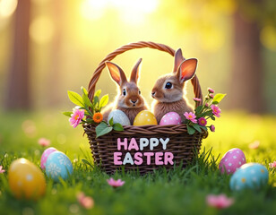 AI generation of two small cute hares in the basket with decorated eggs among spring flowers