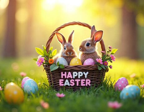 AI generation of two small cute hares in the basket with decorated eggs among spring flowers