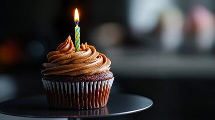Single Birthday Cupcake with Candle with Dark Background.