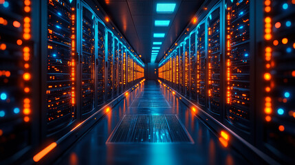 Fototapeta premium High Tech Data Center with Glowing Servers and LED Lights 