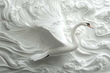 Obraz premium Beautiful white swan gliding gracefully against a textured white backdrop