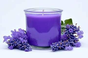 Purple candle with lavender sprigs on white background