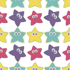 Fototapeta premium Seamless pattern with colorful cartoon starfish in yellow, pink, purple, and blue tones on a black background. Perfect for kids’ textiles, wrapping paper, wallpapers, and ocean-themed designs.