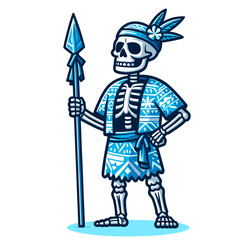 Obraz premium Native American warrior skeleton with blue headband holding spear. Perfect for historical themed illustrations or cultural Halloween event graphics.