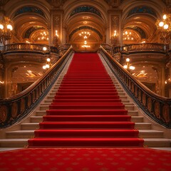 Fototapeta premium The Grand Staircase Leads Upward With Its Red Carpet