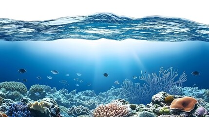 Fototapeta premium Vibrant Coral Reef Underwater Scene with Colorful Fish and Bubbles in Clear Ocean Water