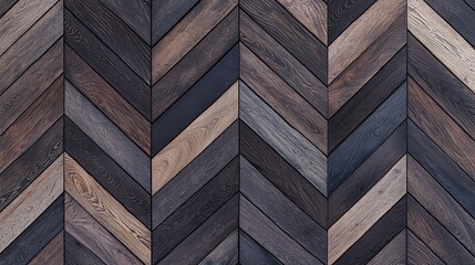 A textured wooden surface featuring a chevron pattern in various shades of brown and black, showcasing natural grain and color variations.