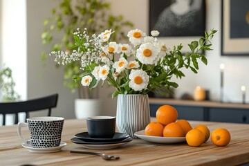 Stylish scandinavian dining room interior with mock up poster frame, wooden table, furniture, cup of coffee, flowers , cement fruits and elegant accessories. Ready to use. Template. Modern home decor.