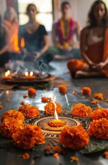 Ceremonial gathering in a peaceful setting with marigold flowers and incense smoke enhancing the tranquility of the moment