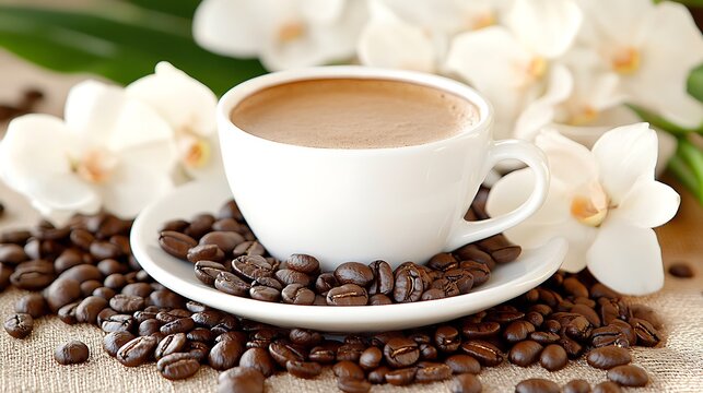 Espresso cup with coffee beans and orchids.