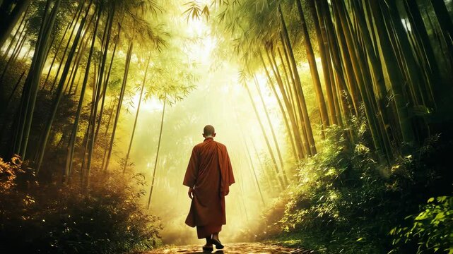 A peaceful monk walking through a bamboo forest at sunrise, contemplating the Buddha's teachings digital