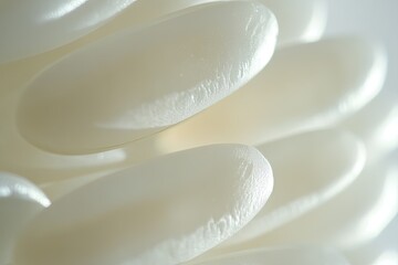 Close-up view of stacked, smooth, white, oval shapes.  A textured, organized, and detailed macro shot