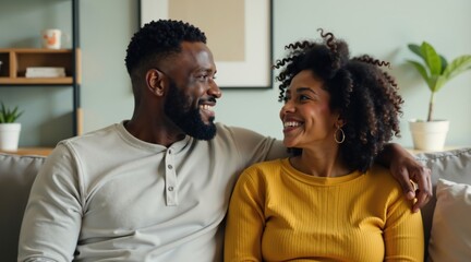 Obraz premium African American Couple Sitting on Couch Smiling at Each Other with Love and Affection, Man Gently Embracing Woman, Romantic and Intimate Moment, Happy Relationship, Cozy Home Interior.