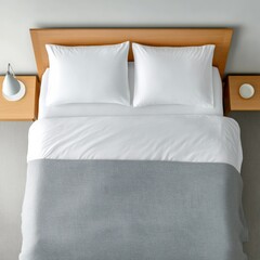 Bed with linens and wooden headboard