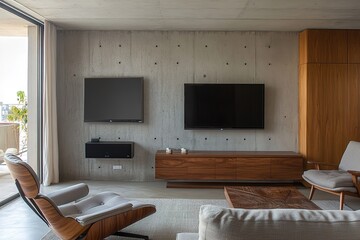 Wall mounted tv and wooden cabinet with gray armchair in modern living room the concrete wall, Bright color, ultra realistic