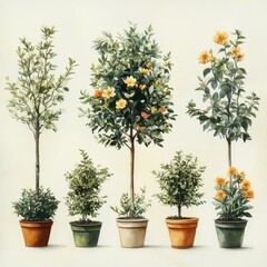 Various potted plants with vibrant foliage and flowers arranged on a light background