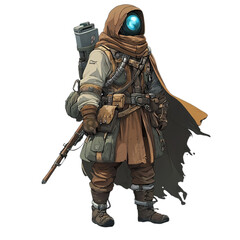 Fototapeta premium A cloaked figure with a glowing blue eye carrying a rifle and a metal container