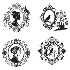 Gothic vintage frame set, vector royal baroque border, dark classic antique ornament, floral oval. Victorian elegant mirror, rococo magic ornate decoration with copy space. Wedding gothic frame kit