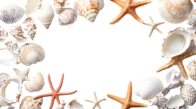 Seashells and starfish collection on a transparent background