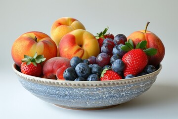 Fresh fruit assortment in a decorative bowl against a plain background