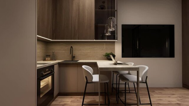 Stylish and cozy studio apartment featuring an open-concept kitchen, bedroom, and workspace with warm lighting and soft neutral tones.