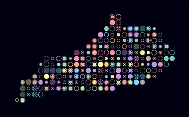 Kentucky, shape of the state built of colored cells. Digital style map of Kentucky on a dark background. Large size circle blocks. Beautiful vector illustration.