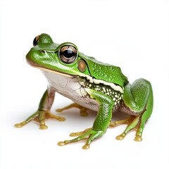 Obraz premium Bright green frog sitting on white background showcasing its glossy skin