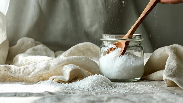 A clean glass jar of artisanal sea salt with a wooden spoon resting on a soft fabric ture