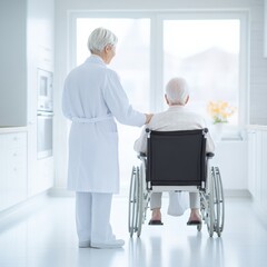 Caregiver assists senior in wheelchair