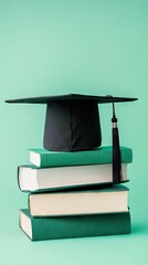 Graduation cap on books, mint background; education concept, website use
