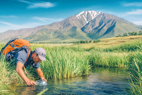 A male hiker kneels by a fresh mountain stream, filling his bottle with crystal-clear water. The green valley and towering peaks in the background highlight the essence of survival, sustainability.