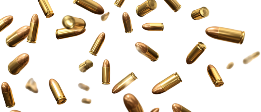 Falling bullets, flying shells isolated on a transparent background