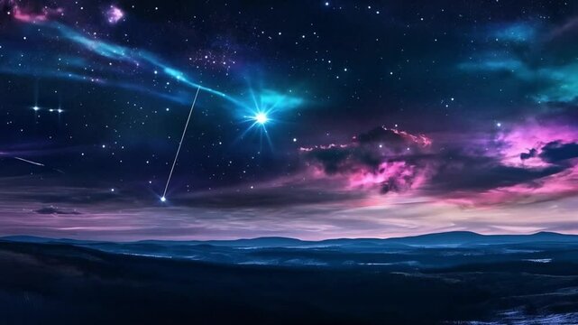 Night sky with shooting stars and vibrant clouds over a tranquil landscape