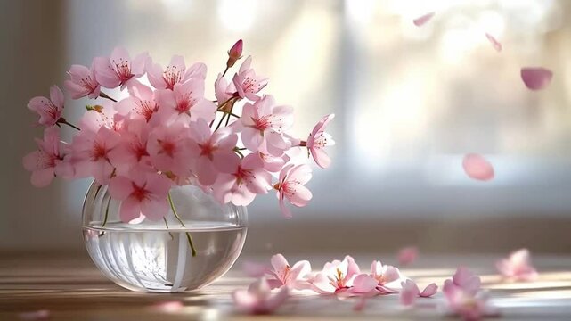 Pink cherry blossoms in a glass vase with a soft background