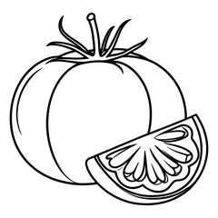 Single one line drawing of whole and sliced healthy organic tomatoes for farming logo identity. Fresh tropical vegetable for veggie garden icon. Continuous line draw design graphic.