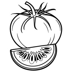 Single one line drawing of whole and sliced healthy organic tomatoes for farming logo identity. Fresh tropical vegetable for veggie garden icon. Continuous line draw design graphic.