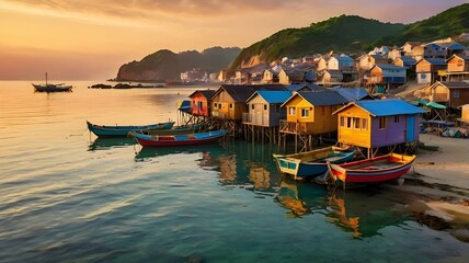 fishing village at sunset