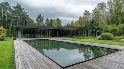 Modern minimalist house with large windows and reflective pool surrounded by lush greenery