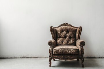 The interior has a armchair on empty green wall background.