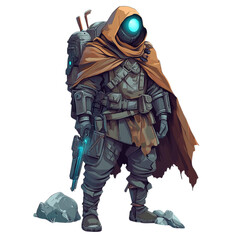 Fototapeta premium Futuristic hooded figure with glowing eye and backpack holding a glowing gun