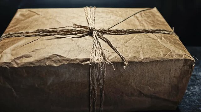 A brown paper wrapped package tied with twine sits on a dark surface.